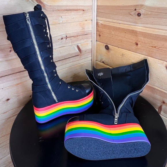 Women’s Dolls Kill Knee High Rainbow Pride Parade Platform Buckles Stompin Boots - Picture 7 of 11